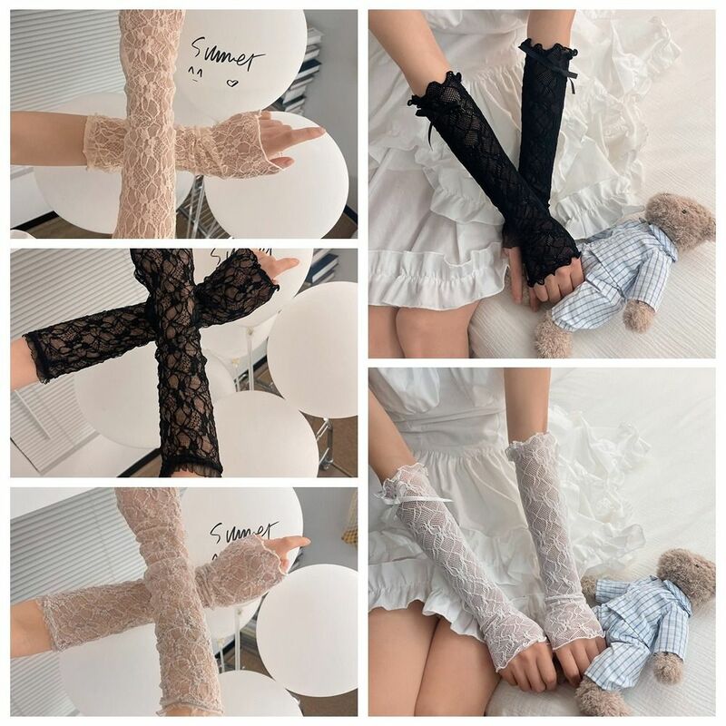 Fingerless Lace Gloves Lolita Ruffle Bowknot Lace Arm Sleeves Mesh Mittens Girls