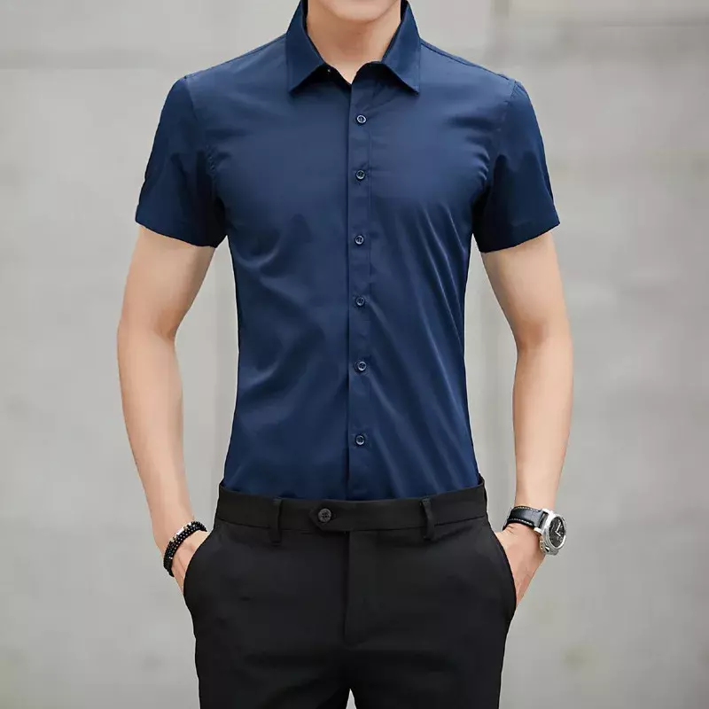 2024 New Summer Men Shirts Korean Fashion Short Sleeved Slim Fit Solid Color Youth Thin Black Shirt Non Ironing Men's Clothing