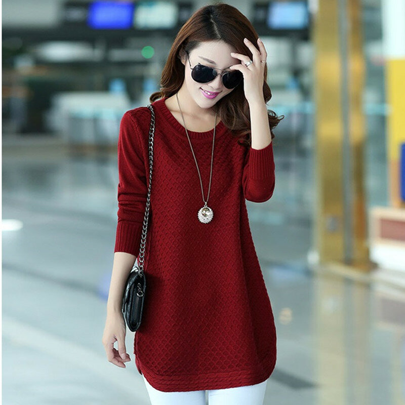 Autumn Winter Sweater Women Round Neck Pullover Knit Sweater Loose Long Sleeves Female Tops Bottom Shirt Sweaters Top
