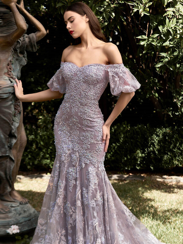 Classic Lace Applique Gown 2024 Sexy Strapless Floor Length Evening Dress Elegant Off Shoulder Puff Sleeve Gowns Vestidos De Nov