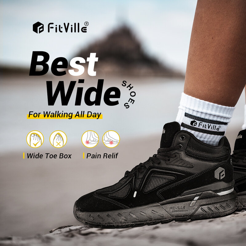 Męskie buty do koszykówki FitVille z wysokim stopem poszerzone, lekkie, trampki oddychające dla męskich opuchniętych stóp działa przeciwbólowo