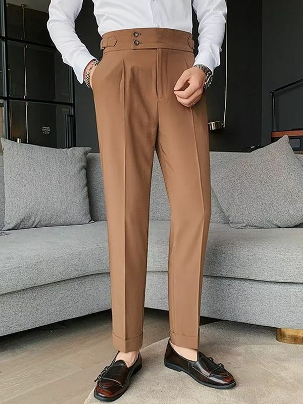 กางเกงเอวสูงสีพื้นสำหรับผู้ชายเสื้อผ้าลำลองแนวธุรกิจกางเกงเข้ารูปสไตล์อังกฤษสำหรับฤดูใบไม้ผลิฤดูร้อน Y2k ใหม่