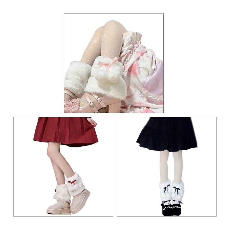 Japanese JK Girls Winter Thickened Fuzzy Short Leg Warmers Socks Women Plush Ball Bowknot Boot Cuffs Foot Covers Dropship