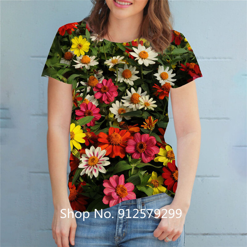 Camiseta de flores a la moda para mujer, Camiseta con estampado 3D, camiseta de manga corta, Top informal ajustado con cuello redondo