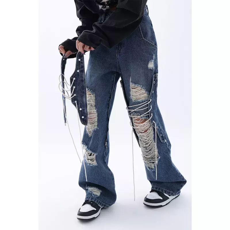 Pantalones vaqueros rasgados Y2k de diseño azul para Mujer, Pantalones ajustados rectos de cintura alta, estilo hip hop, otoño