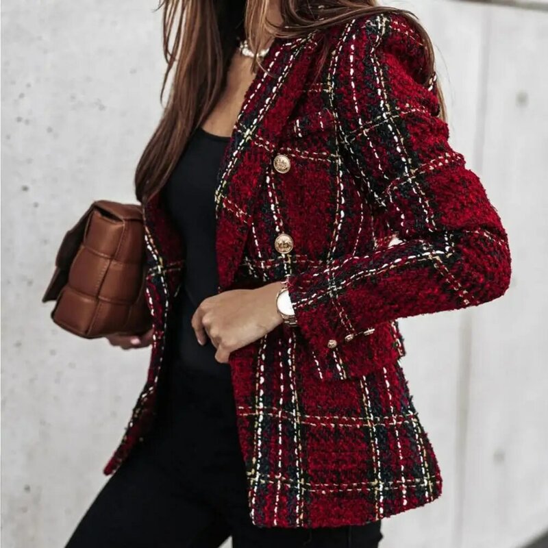 Blazer slim fit xadrez feminino, casaco formal de negócios, outwear de inverno, roupas femininas, moda