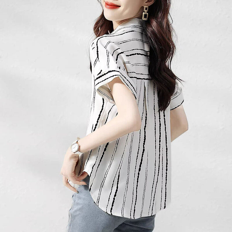 Blusa feminina de manga curta listrada de chiffon, camisas casuais com lapela, roupas soltas, blusas com tudo que combina, novo, moda verão 2024