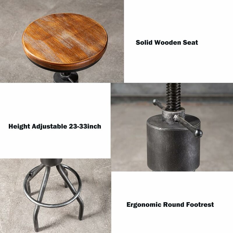 Zestaw 2 przemysłowych stołek barowy-Vintage krzesło do jadalni-obrotowe stołki-wysoka regulowana wysokość 22-33"