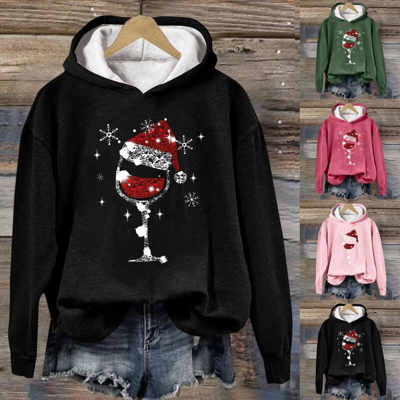Фужеры с рождественским принтом, толстовки с капюшоном, Женская толстовка с принтом, повседневный 2023, осенне-зимний теплый пуловер, верхняя одежда