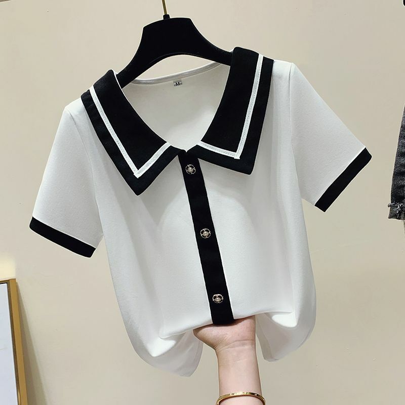Women's 2024 Summer Pullover Doll Neck New Patchwork Button Striped Ice Silk Short Sleeved Loose and Slimming Casual Knitted Top