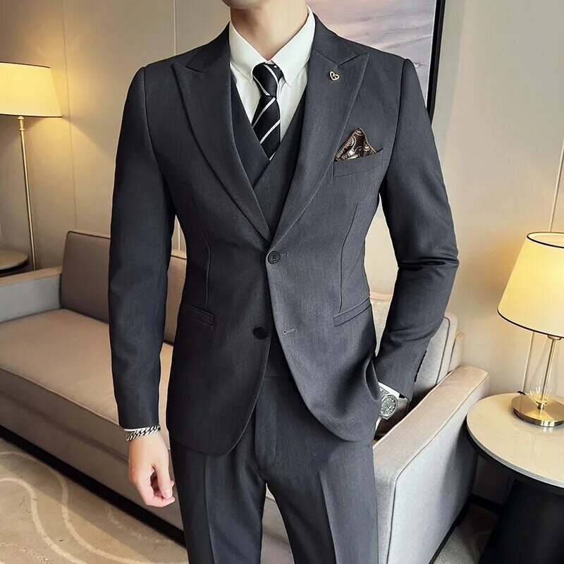 Men Double Breasted Vest Suit Trousers / 2023 Business Formal Dress Slim Fit Groom Wedding Dress Blazers Jacket Pants 3 Pcs Set