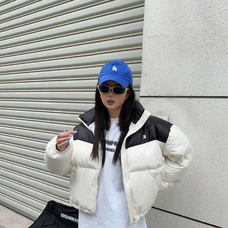Корейская версия куртки с цветным блокирующим пухом, женское короткое утепленное пальто с белым утиным пухом, повседневное пуховое пальто