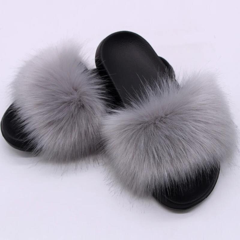 women's Summer  explosion models imitation fur fox fur fashion simple indoor non-slip fur fluffy flat bottom fox sandals ﻿