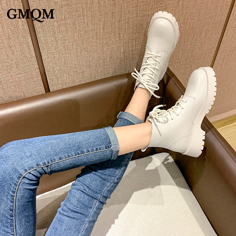 GMQM Fashion Women's Genuine Leather Platform Ankle Boots New Autumn Winter Warm Plush Thick Sole Lace-Up Shoes British Style