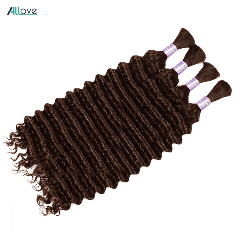 Allove Bulk #4 Brown Deep Wave Human Hair For Braiding 100% Unprocessed No Weft Human Hair Bulk Extensions Brazilian Remy Hair