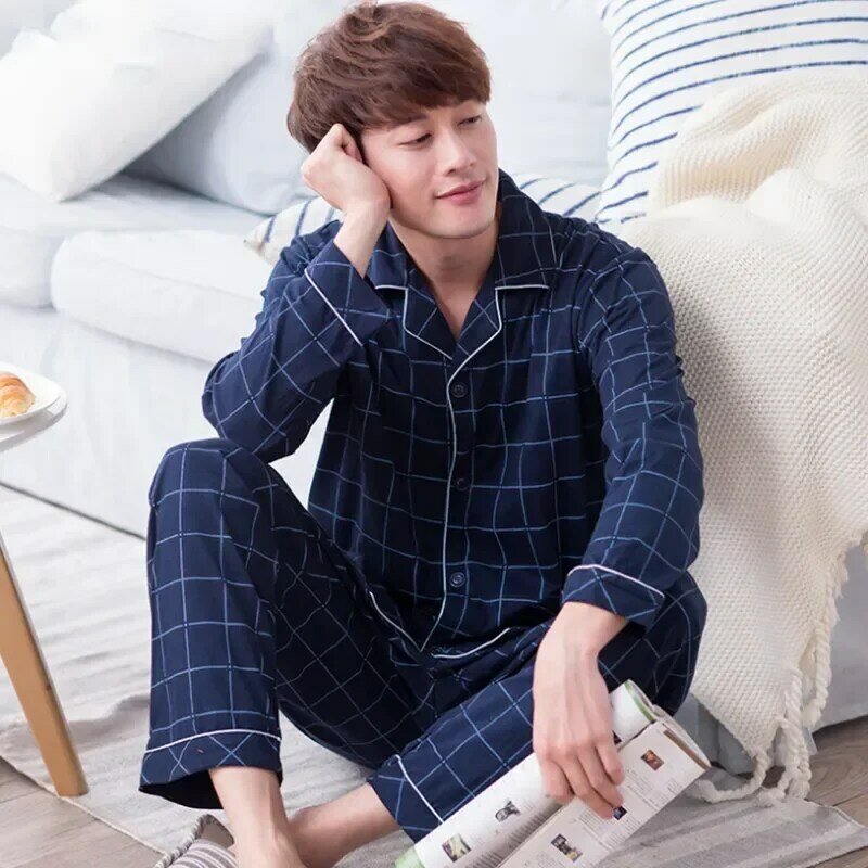 Pijama corto de algodón para hombre, ropa de dormir informal a rayas, de manga larga, para verano, 2021
