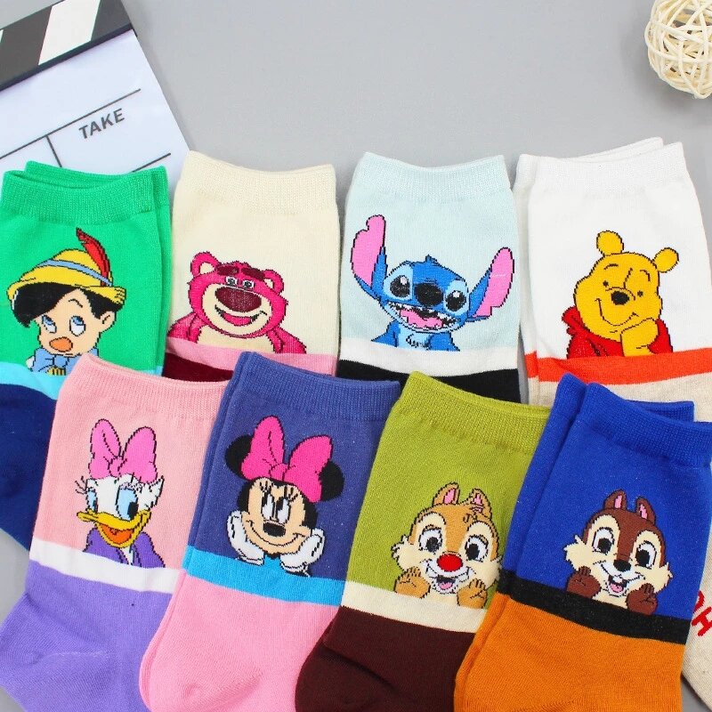 Calcetines medianos con estampado de Disney para mujer, medias con dibujos animados de Mickey, Minnie, Stitzer, ardilla, Winnie