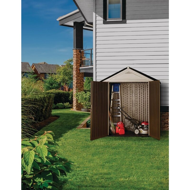 Penyimpanan luar ruangan Resin besar, 7x3.5 kaki, abu-abu dan coklat, dengan profil hemat ruang untuk rumah/taman/kolam/halaman belakang