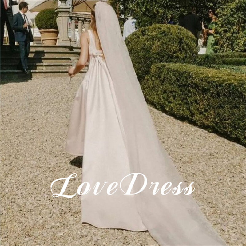 Love Princess Pink Spaghetti Straps Stain Wedding Dress With Bow Elegant Pleated A-Line Square Collar Ankle Length Bridal Gowns