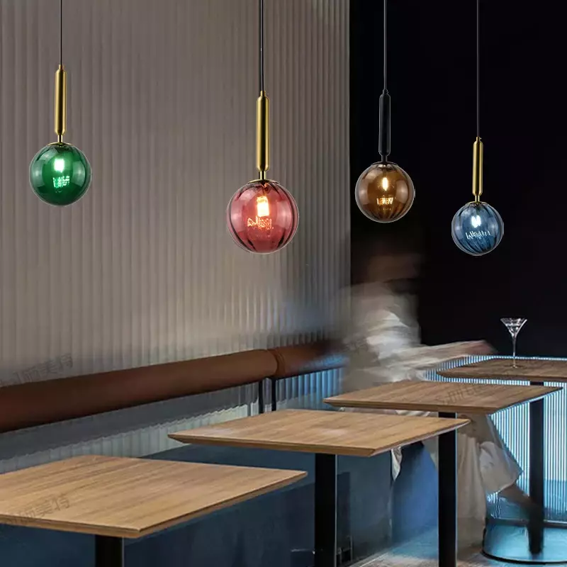 Lámpara de araña de bola de cristal de punto de color, lujosa exclamación de cobre, restaurante de comida rápida, tienda de té con leche, cajero, lámpara creativa