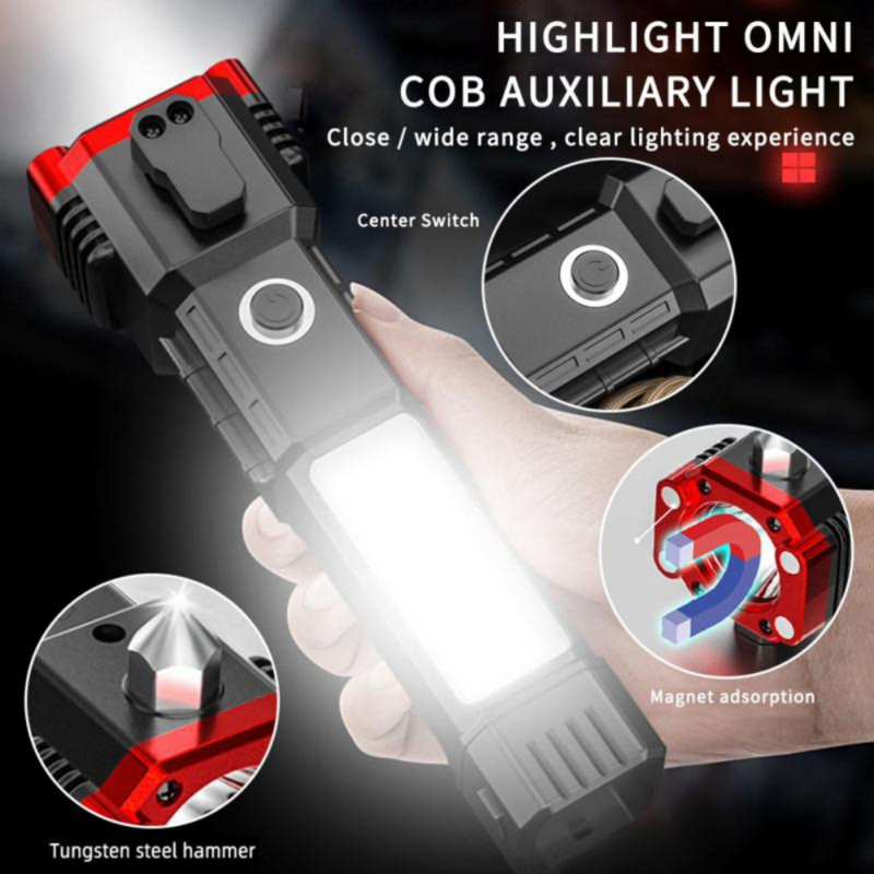6PCS COB LED Flashlight Car Torch with Safety Hammer Strong Magnet Side Light Portable Lantern for Outdoor Working Emergency