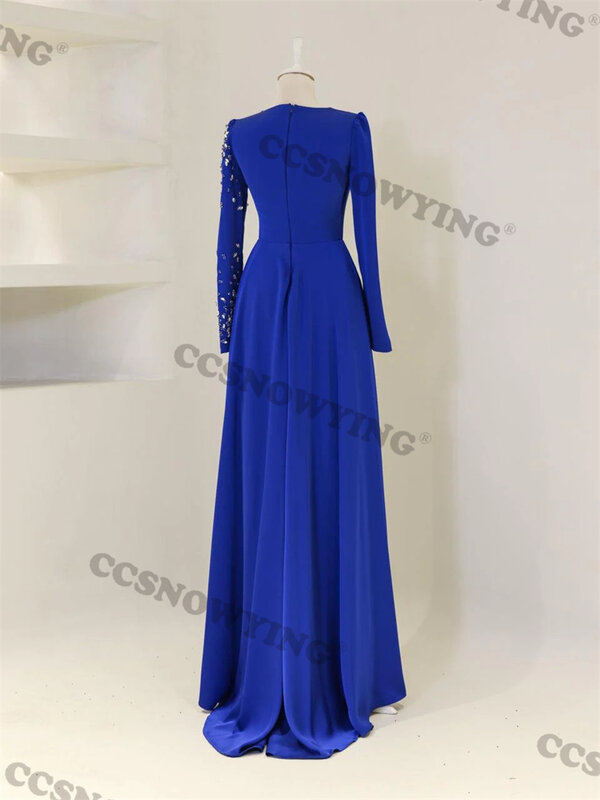 Королевский синий атласный хиджаб с бисером мусульманские Вечерние платья с длинным рукавом женское официальное платье арабское дубайское платье для вечеринки