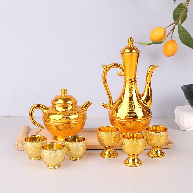Wine Kettle Coffee Pot Set Vintage Wine Glasses Jug Exquisite Tea Pot Golden Teapot Household Classic Temple Offering Cup