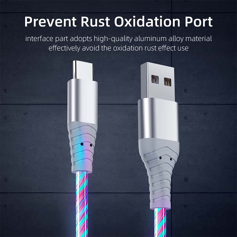 Flow Lichtgevende Usb Type C Kabel 3A Snel Opladen Data Cord Voor Samsung Xiaomi Oppo Huawei Iphone Charger Micro Usb draad Led Kabel