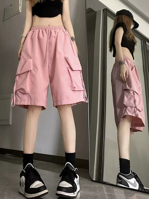 Y2K-pantalones cortos informales para mujer, ropa de calle Vintage coreana, cintura alta hasta la rodilla, pierna ancha, holgados, bolsillos Cargo, ropa de verano
