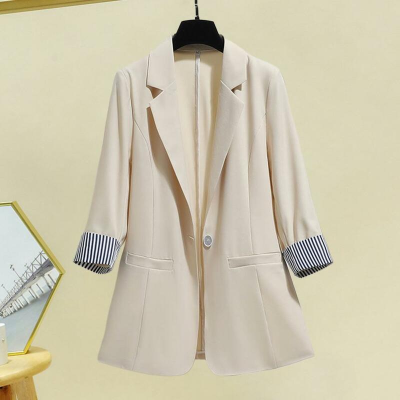 Women Suit Coat Turn-down Collar Mid Length Three Quarter Sleeve Single Button Closure Pockets Loose Formal Style OL Coat