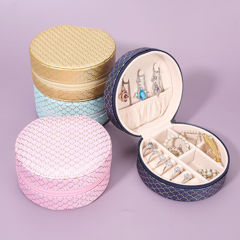 Round Portable Jewelry Storage Box, Multifuncional Brincos Anel e Pingente, Impermeável e Dustproof, Organização de couro
