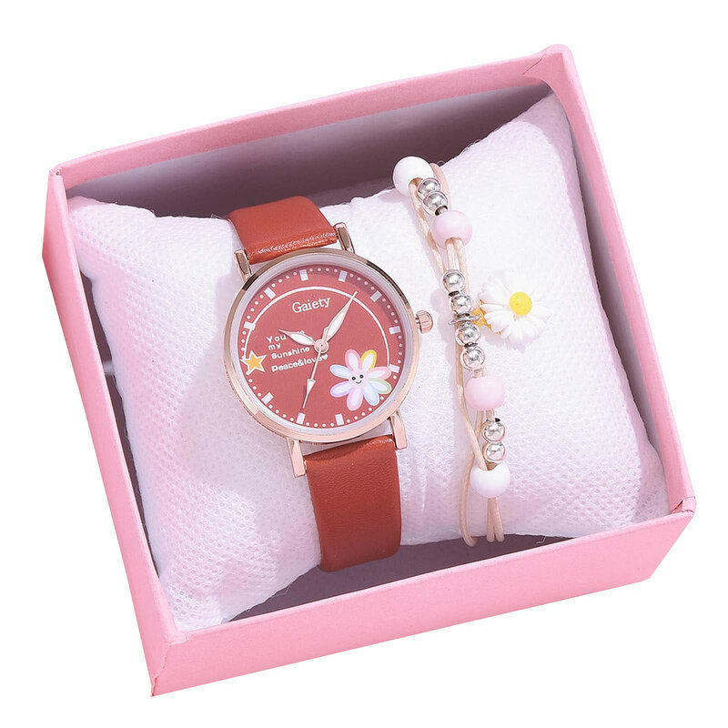 Caja con dibujos de margaritas Macaron, reloj de pulsera con correa, a la moda, contiene cuero de lujo, conjunto de pulsera de cuero