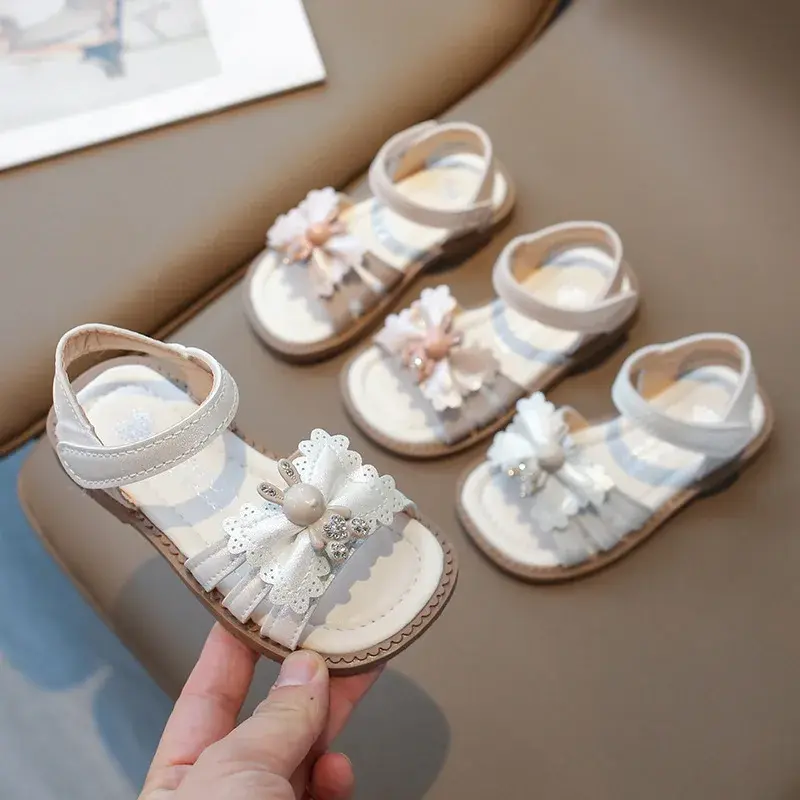 Children's Sandals 2024 New Girls Summer Shoes Sweet Rabbit Bowtie Kid Causal Princess Open-toe Wedding Flat Sandals Soft Bottom