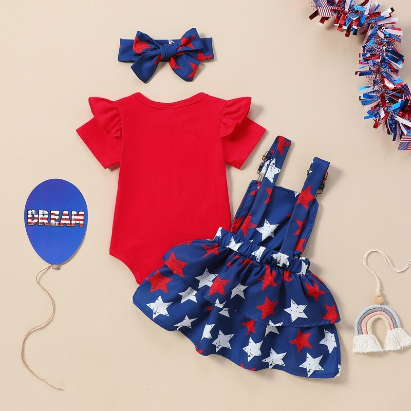 2024-04-06 lioraitiin Baby Girls Independence Day Sets Short Sleeve Ruffle Romper Stars Print Suspender Skirt Headband Sets