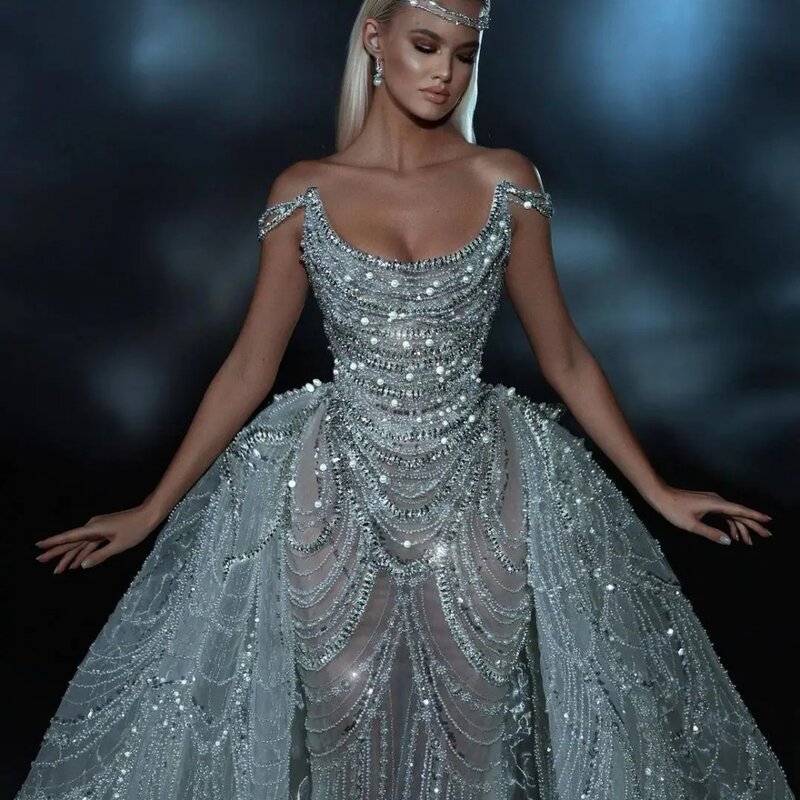Graceful Off The Shoulder Bridal Dress Sparkly Beads Pearls Wedding Gown 2024 Luxury Mermaid Long Bride Robe Vestido De Novia