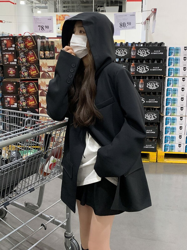 Fato preto com capuz feminino, pulôver irregular, design dividido, top coreano, streetwear feminino solto, primavera, outono