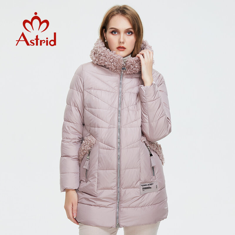 Astrid 2022 겨울 여성 중간 길이 코트 모피 칼라 다운 재킷 여성 파카 후드 패션 플러스 사이즈 파커 여성 코트 9530