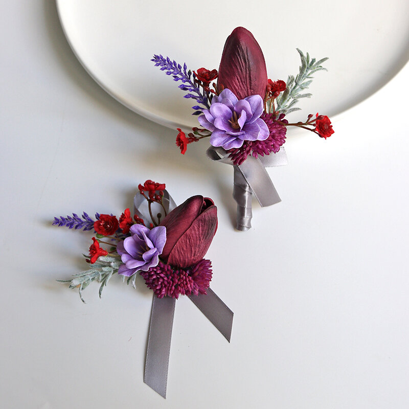 GT sutra korsase bunga pergelangan tangan dekorasi pernikahan bros mawar sepatu kuda lily hitam dan merah