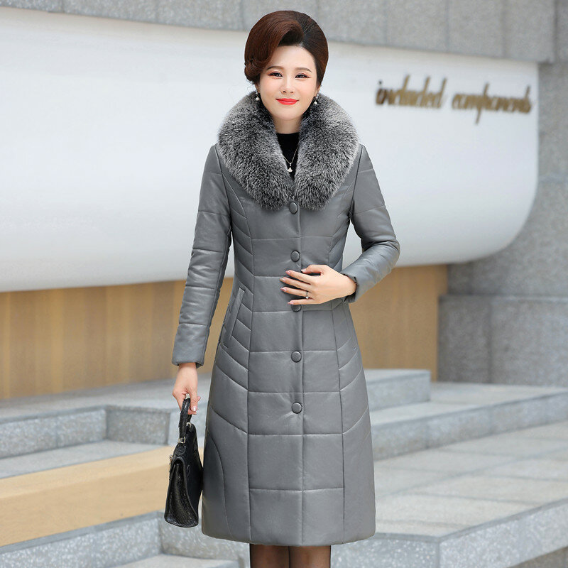 M-7XL Women Long Leather Coat Winter Fashion Mother Padded Outerwear Thick Warm Fur Collar Camel Fleece Filling Overcoat Female