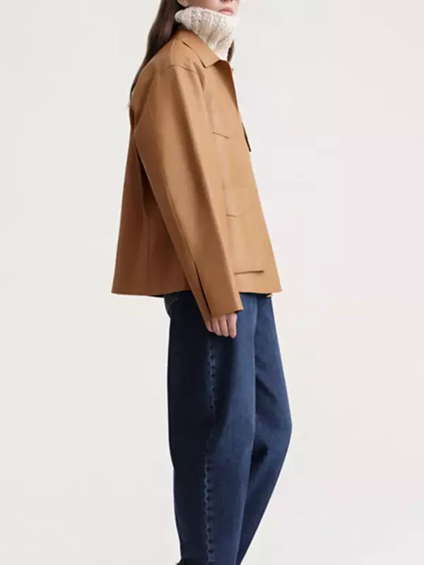 Casaco de couro sintético feminino, jaqueta virada para baixo, bolsos com zíper, estilo safari, outono