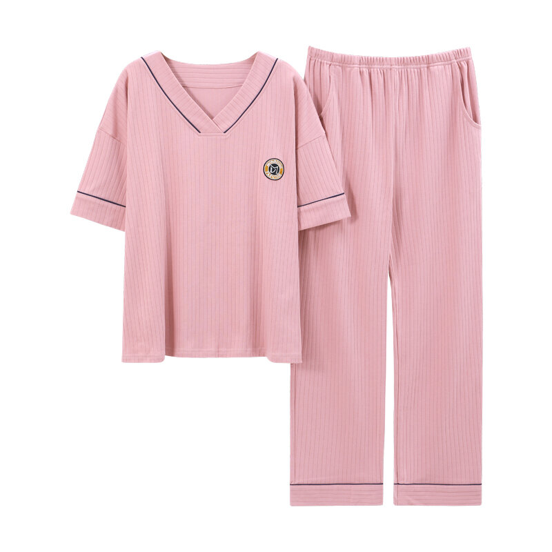Summer Women Pajamas Set Ladies 100% Cotton Sleepwear Female Short Top+Long Pant Solid Pyjamas