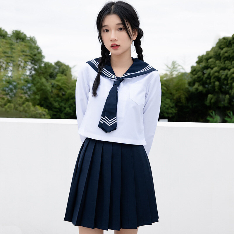 Podstawowy mundur szkolny Jk dla dziewczynek styl japoński wygląd szkolny granatowy marynarz Seifuku garnitury plisowana spódnica kostiumy Cosplay zestaw studencki