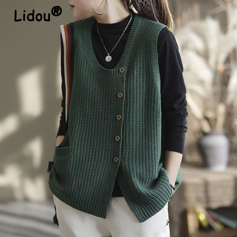 Women Vintage Round Neck Single Breasted Sleeveless Knitted Cardigan Vest Casual Solid Loose Pocket All Match Waistcoat Clothes