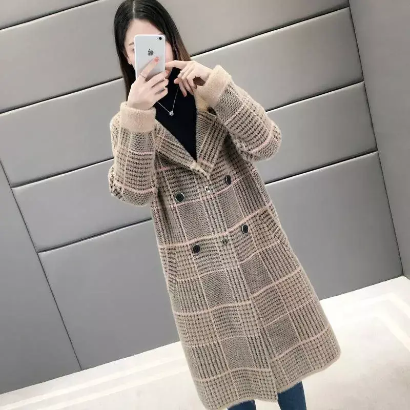 Casaco de caxemira de vison imitado, jaqueta de veludo médio longo, solta, fina, grossa, xadrez, casacos de pele macia, inverno, outono, 2021
