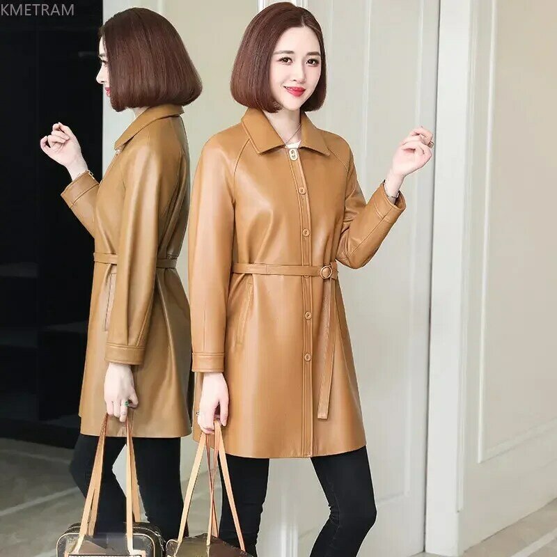 2024 여성용 진짜 가죽 재킷, 중간 길이 트렌치 코트, 슬림 한국 스트리트웨어