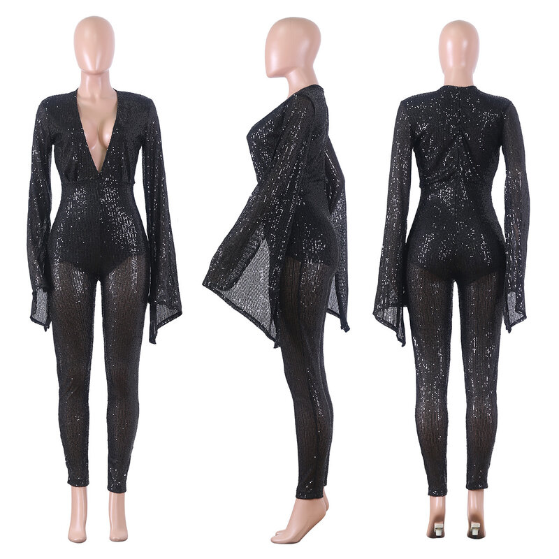 Sexy Slimming Nightclub Party Party Club Mesh See Through Deep V Sequins Wide Sleeve Jumpsuit