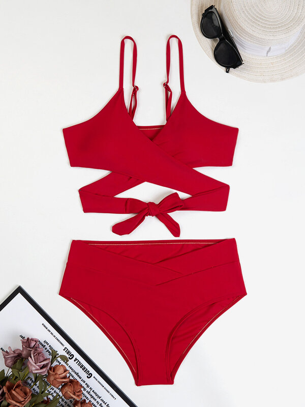 Maillot de bain rouge sexy à bretelles croisées pour femme, taille haute, soutien-gorge push up, vêtements de plage, 2024