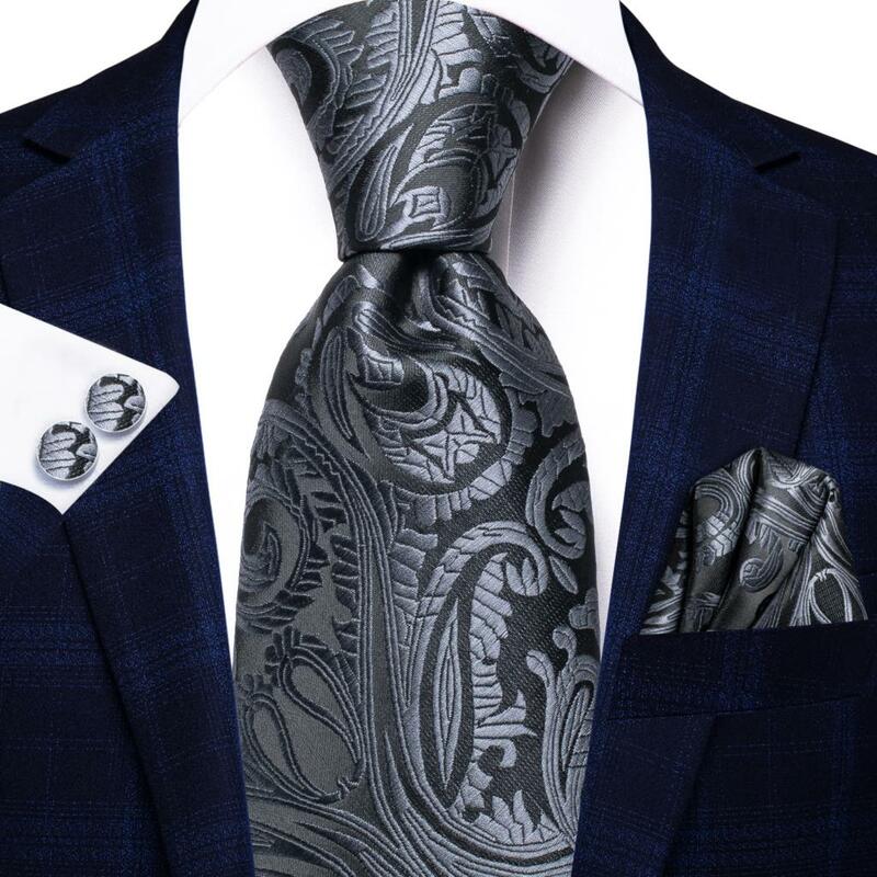 2022 baru dasi pria abu-abu merah muda Paisley Hanky Cufflink Set dasi sutra untuk pria pesta pernikahan bisnis dasi pria mode merek Hi-Tie