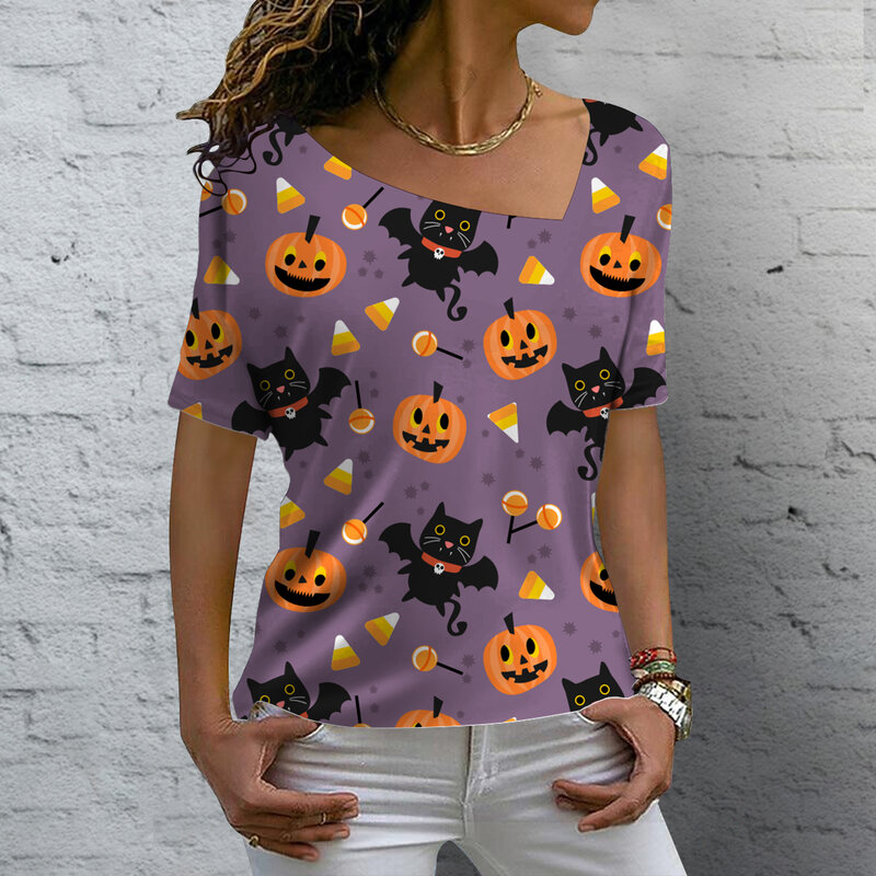 เสื้อยืดคอวีลายกราฟิกแมวน่ารักสำหรับผู้หญิงเสื้อแขนสั้นพิมพ์ลายแฟชั่นแนวสตรีทแวร์เสื้อสำหรับฤดูร้อน