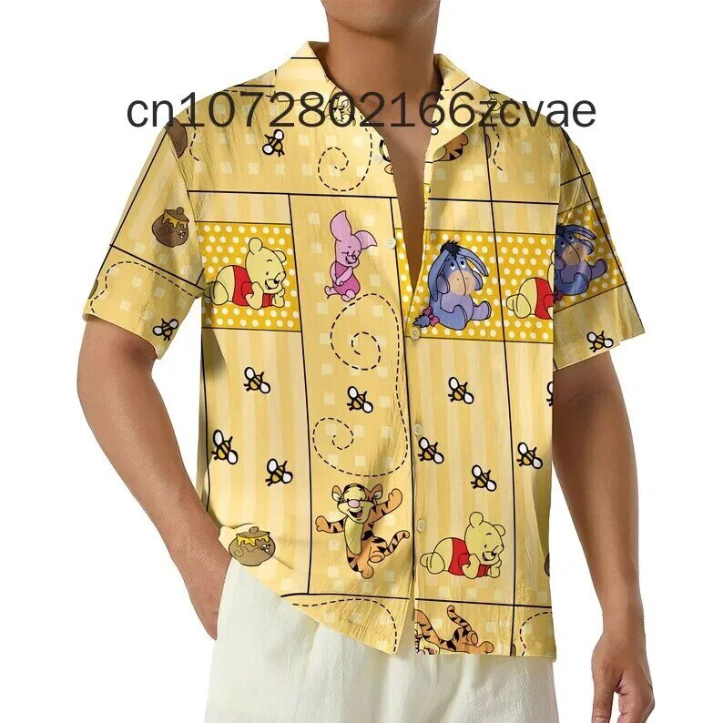 Disney-Chemise hawaïenne ourson pour hommes et femmes, chemise hawaïenne ourson, mode décontractée, chemise boutonnée à manches courtes, chemise pour enfants